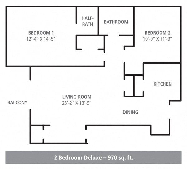 Floor plan for 2 beds, 1 bath, 970 sqft